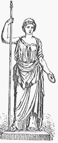 schwarz-weiß-Zeichnung einer Frau mit einem langen Stab in der rechten und einer diskus-ähnlichen Scheibe in der linken Hand